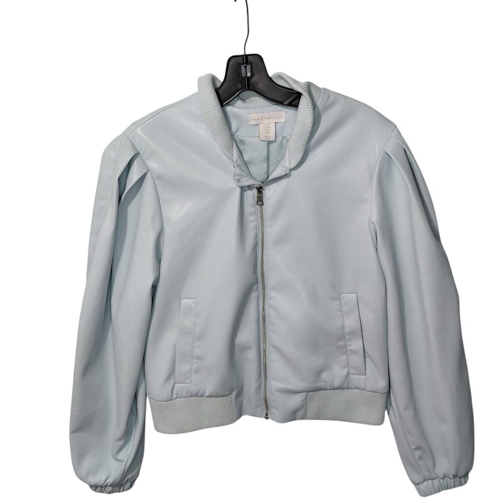 House of Harlow 1960 Women's Medium Light Blue Vegan Faux Leather Bomber Jacket